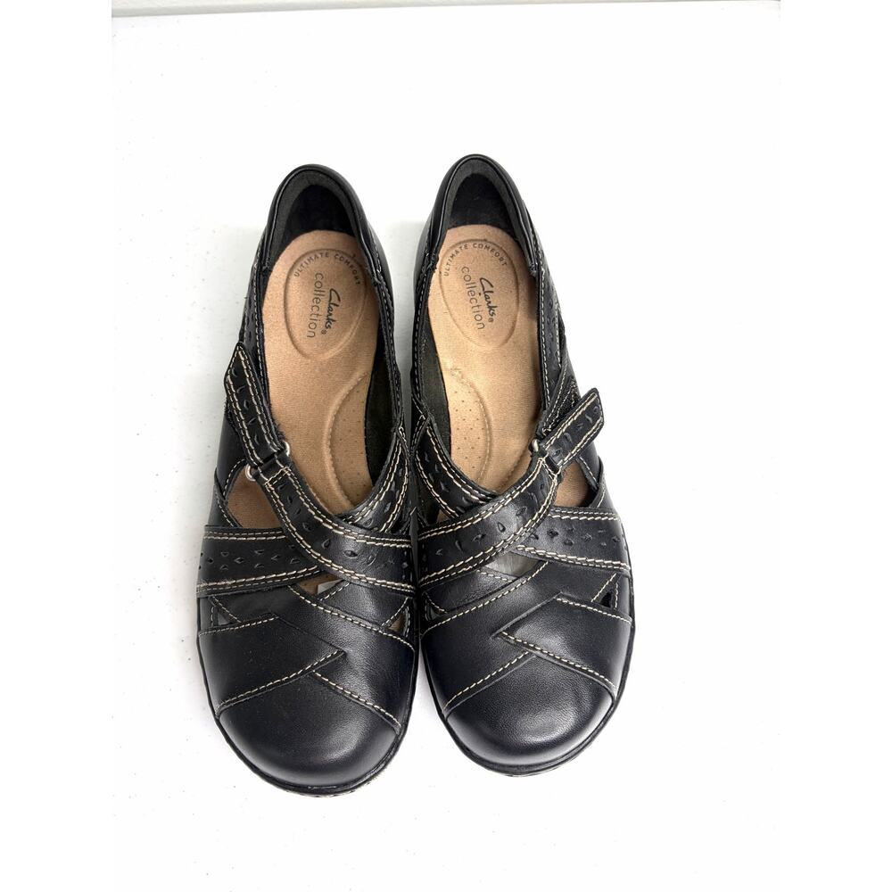 Clarks Collection Roseville Step Leather Slip On Sz 8 EU 39 Black Comfort Travel